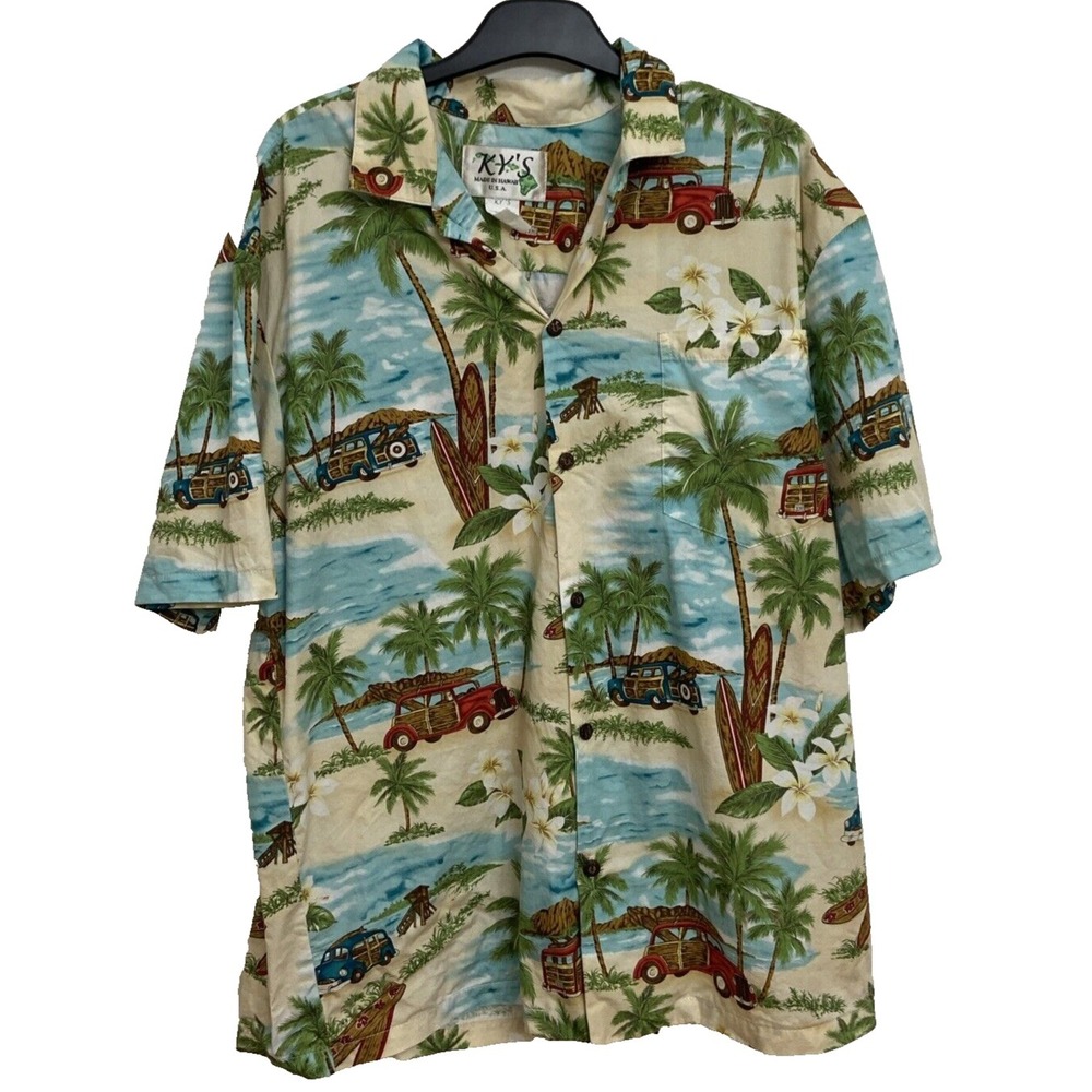 Vtg KY'S Hawaiian Shirt Men L Tropical Wood Panel Car Surf Boards Cotton Hawaii‎